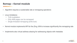 49 •
• Algorithm requires a sustainable rate or remapping operations
• Linux limitations:
• TLB invalidation
• Only 4KB pages can be remapped
• Single threaded remapping (write lock)
• Kernel module implements API for the Zing JVM to increase significantly the remapping rate
• Implements also virtual address aliasing for addressing objects with metadata
Remap – Kernel module
 