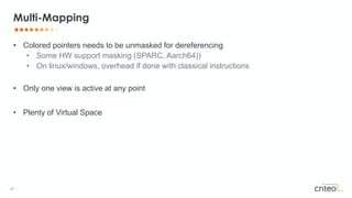57 •
• Colored pointers needs to be unmasked for dereferencing
• Some HW support masking (SPARC, Aarch64))
• On linux/windows, overhead if done with classical instructions
• Only one view is active at any point
• Plenty of Virtual Space
Multi-Mapping
 