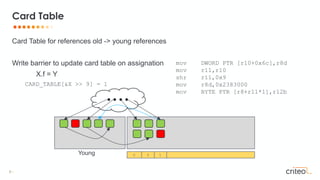6 •
Card Table for references old -> young references
Write barrier to update card table on assignation
X.f = Y
Card Table
Young 0 0 1
CARD_TABLE[&X >> 9] = 1
mov DWORD PTR [r10+0x6c],r8d
mov r11,r10
shr r11,0x9
mov r8d,0x2383000
mov BYTE PTR [r8+r11*1],r12b
 