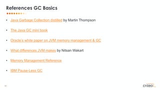 65 •
• Java Garbage Collection distilled by Martin Thompson
• The Java GC mini book
• Oracle’s white paper on JVM memory management & GC
• What differences JVM makes by Nitsan Wakart
• Memory Management Reference
• IBM Pause-Less GC
References GC Basics
 