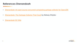 67 •
• Shenandoah: An open-source concurrent compacting garbage collector for OpenJDK
• Shenandoah: The Garbage Collector That Could by Aleksey Shipilev
• Shenandoah GC Wiki
References Shenandoah
 
