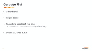 8 •
• Generational
• Region based
• Pause time target (soft real-time)
• -XX:MaxGCPauseMillis=n (default 200)
• Default GC since JDK9
Garbage First
 