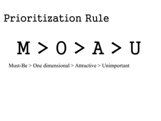 Customer 
Satisfaction 
Delighted 
Satisfied 
Neutral 
Disappointed 
Dissatisfied 
Frustrated 
One dimensional 
The more is the better. 
Spoken. Measurable. 
None Basic Best Possible 
Investment / Perfection 
 