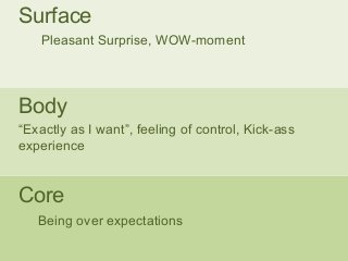 Surface 
Pleasant Surprise, WOW-moment 
Body 
“Exactly as I want”, feeling of control, Kick-ass 
experience 
Core 
Being over expectations 
 