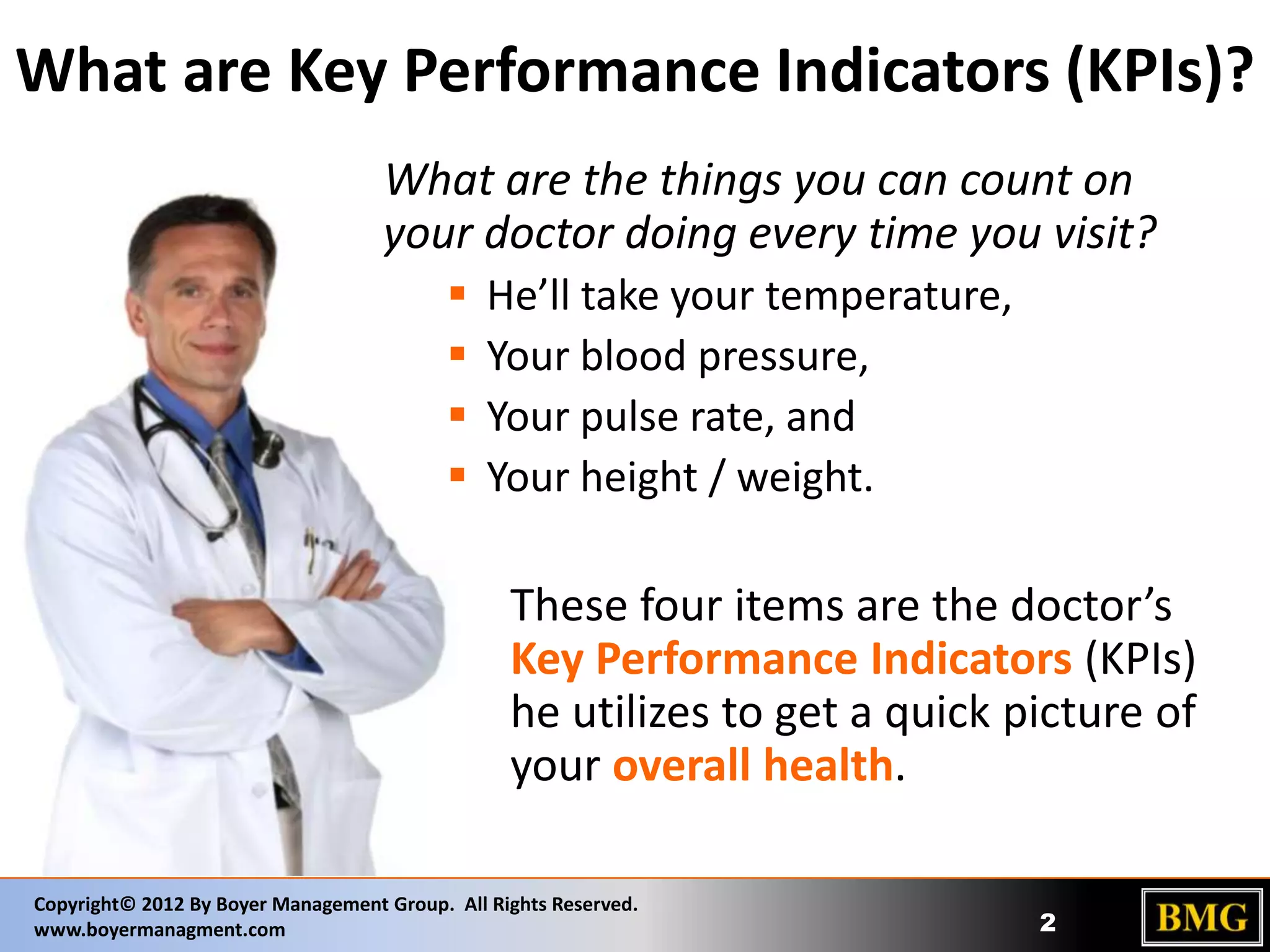 What are Key Performance Indicators (KPIs)?
What are the things you can count on
your doctor doing every time you visit?





He’ll take your temperature,
Your blood pressure,
Your pulse rate, and
Your height / weight.

These four items are the doctor’s
Key Performance Indicators (KPIs)
he utilizes to get a quick picture of
your overall health.
Copyright© 2012 By Boyer Management Group. All Rights Reserved.
www.boyermanagment.com

2

 