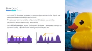Scale (auto)
-
-
-
-
Horizontal Pod Autoscaler allows you to automatically scale the number of pods in a
deployment based on observed CPUutilization.
The autoscaler is implemented as a Kubernetes API resource and controller.
The resource describes behavior of thecontroller
The controller periodically adjusts the number of replicas in a deployment to match the
observed average CPU utilization to the target specified by the user.
74
 