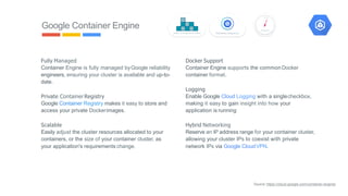Google Container Engine
Fully Managed
Container Engine is fully managed by Google reliability
engineers, ensuring your clu...
