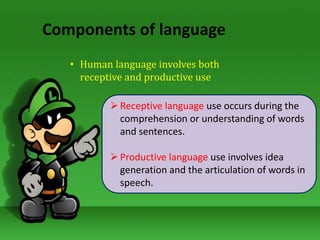Components of language
• Human language involves both
receptive and productive use
Receptive language use occurs during the
comprehension or understanding of words
and sentences.
Productive language use involves idea
generation and the articulation of words in
speech.
 