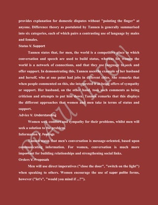 provides explanation for domestic disputes without "pointing the finger" at
anyone. Difference theory as postulated by Tannen is generally summarised
into six categories, each of which pairs a contrasting use of language by males
and females.
Status V. Support
Tannen states that, for men, the world is a competitive place in which
conversation and speech are used to build status, whereas for women the
world is a network of connections, and that they use language to seek and
offer support. In demonstrating this, Tannen uses the example of her husband
and herself, who at one point had jobs in different cities. She remarks that
when people commented on this, she interpreted it as being offers of sympathy
or support. Her husband, on the other hand, took such comments as being
criticism and attempts to put him down. Tannen remarks that this displays
the different approaches that women and men take in terms of status and
support.
Advice V. Understanding
Women seek comfort and sympathy for their problems, whilst men will
seek a solution to the problem.
Information V. Feelings
Tannen states that men's conversation is message-oriented, based upon
communicating information. For women, conversation is much more
important for building relationships and strengthening social links.
Orders V. Proposals
Men will use direct imperatives ("close the door", "switch on the light")
when speaking to others. Women encourage the use of super polite forms,
however ("let's", "would you mind if ...?").
 