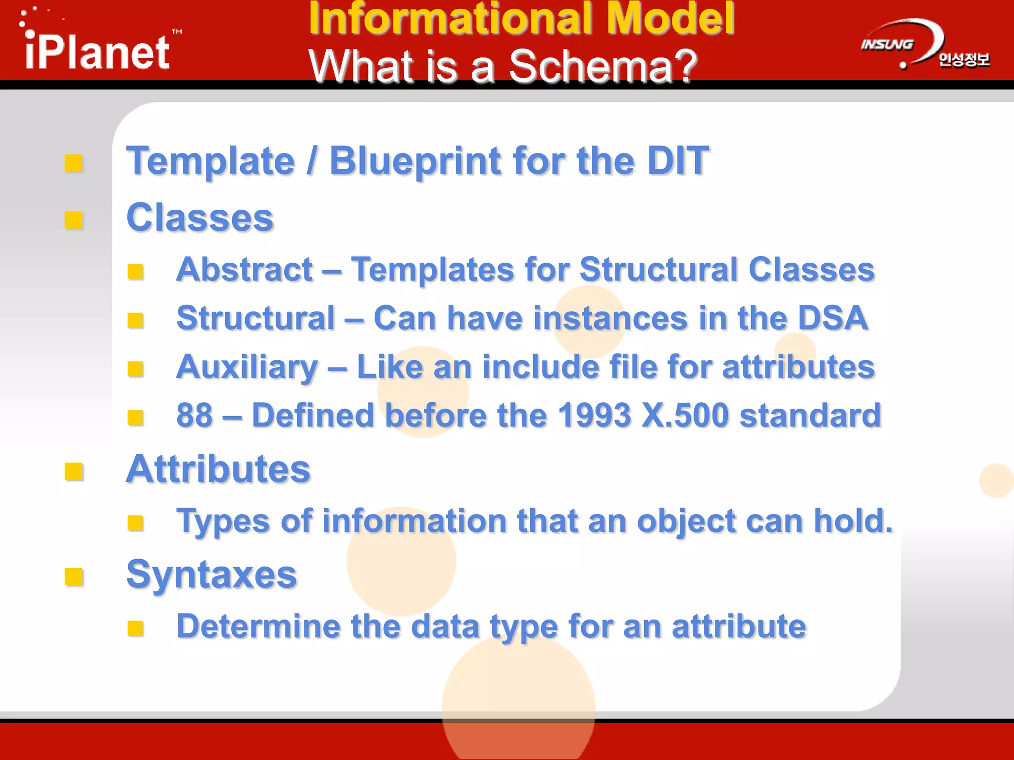 Informational Model
What is a Schema?
 Template / Blueprint for the DIT
 Classes
 Abstract – Templates for Structural Classes
 Structural – Can have instances in the DSA
 Auxiliary – Like an include file for attributes
 88 – Defined before the 1993 X.500 standard
 Attributes
 Types of information that an object can hold.
 Syntaxes
 Determine the data type for an attribute
 