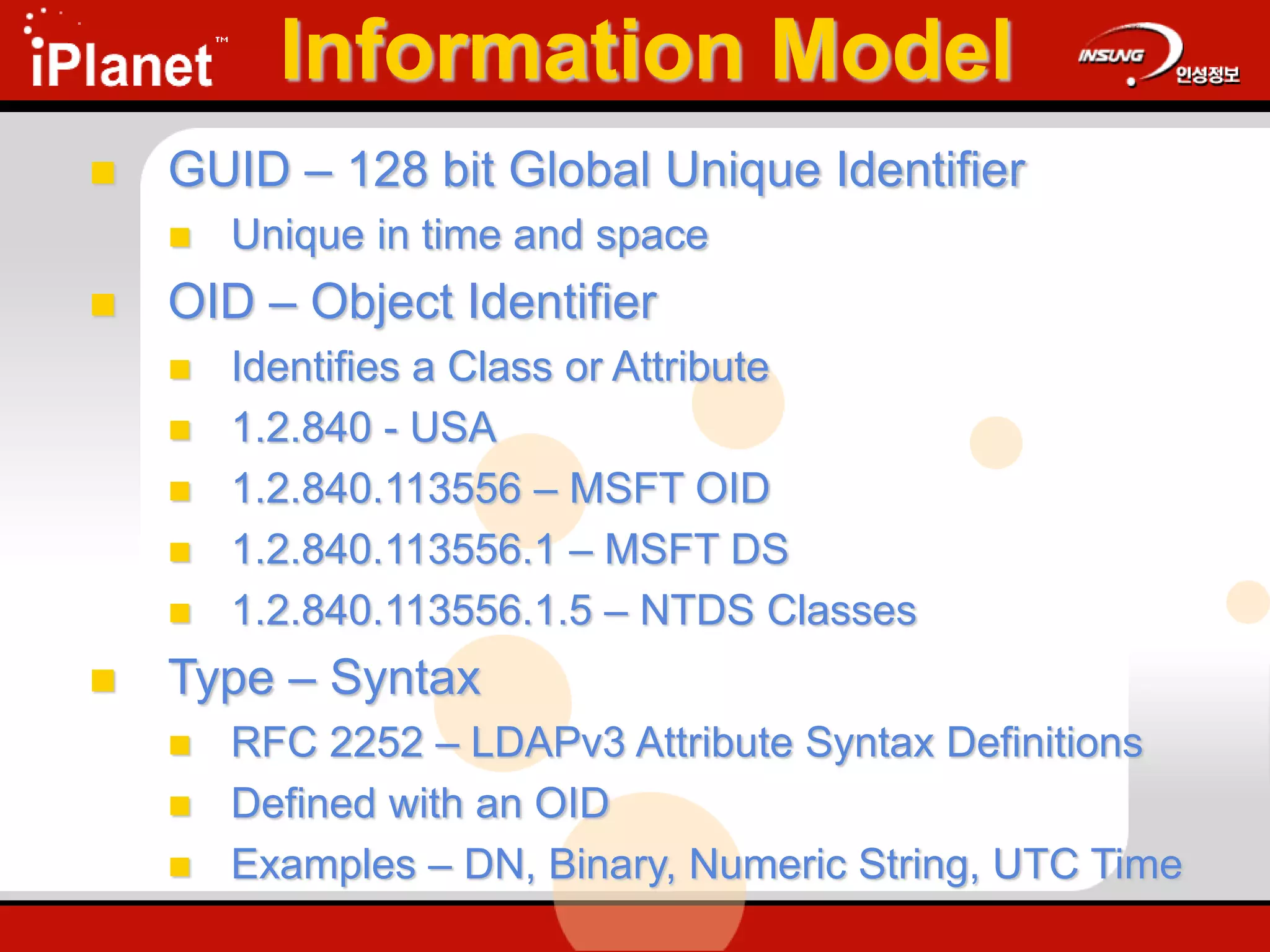 Information Model
 GUID – 128 bit Global Unique Identifier
 Unique in time and space
 OID – Object Identifier
 Identifies a Class or Attribute
 1.2.840 - USA
 1.2.840.113556 – MSFT OID
 1.2.840.113556.1 – MSFT DS
 1.2.840.113556.1.5 – NTDS Classes
 Type – Syntax
 RFC 2252 – LDAPv3 Attribute Syntax Definitions
 Defined with an OID
 Examples – DN, Binary, Numeric String, UTC Time
 