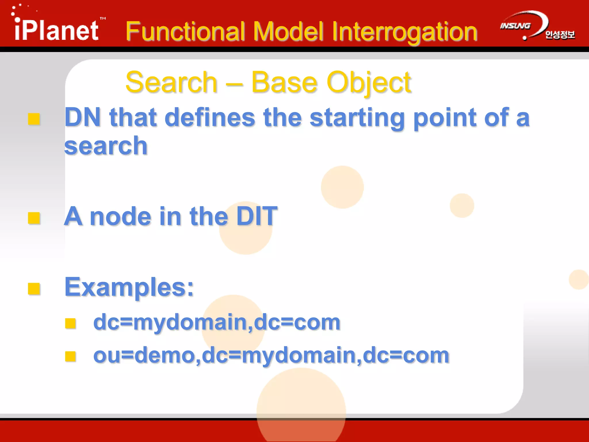 Functional Model Interrogation
 DN that defines the starting point of a
search
 A node in the DIT
 Examples:
 dc=mydomain,dc=com
 ou=demo,dc=mydomain,dc=com
Search – Base Object
 