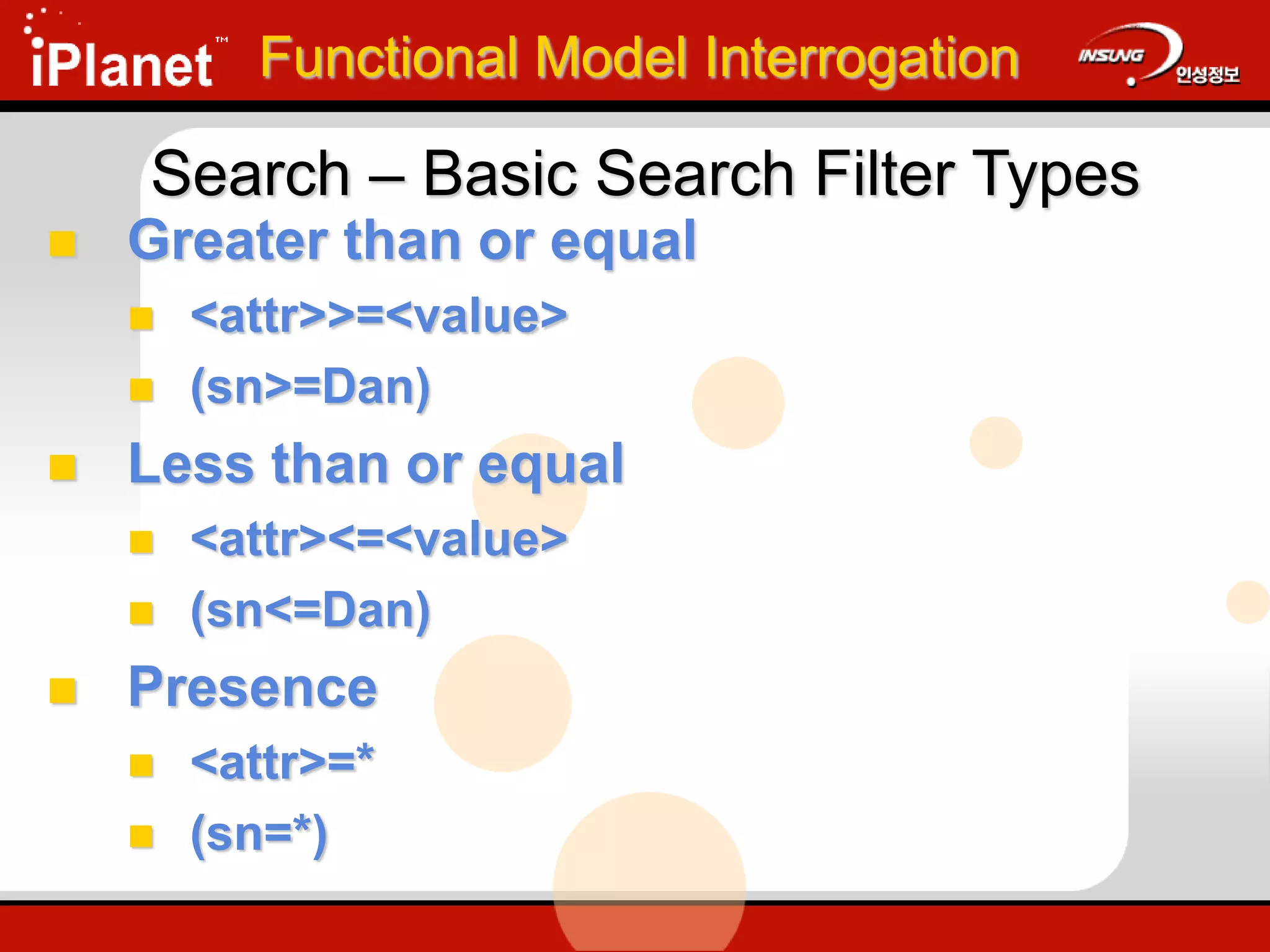  Greater than or equal
 <attr>>=<value>
 (sn>=Dan)
 Less than or equal
 <attr><=<value>
 (sn<=Dan)
 Presence
 <attr>=*
 (sn=*)
Functional Model Interrogation
Search – Basic Search Filter Types
 