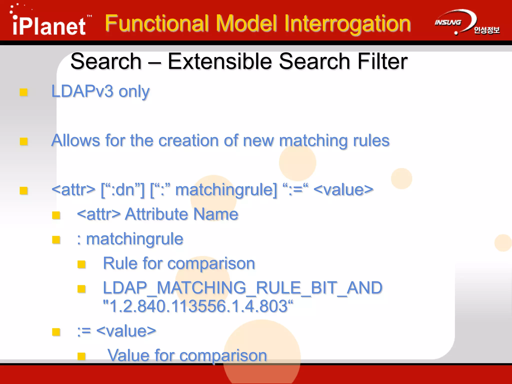 Search – Extensible Search Filter
 LDAPv3 only
 Allows for the creation of new matching rules
 <attr> [“:dn”] [“:” matchingrule] “:=“ <value>
 <attr> Attribute Name
 : matchingrule
 Rule for comparison
 LDAP_MATCHING_RULE_BIT_AND
"1.2.840.113556.1.4.803“
 := <value>
 Value for comparison
Functional Model Interrogation
 