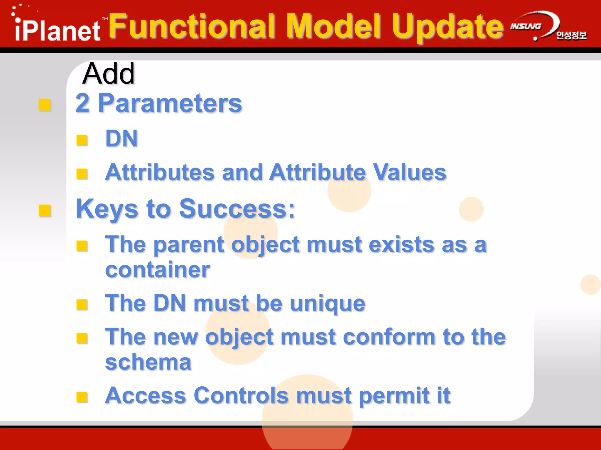 Add
 2 Parameters
 DN
 Attributes and Attribute Values
 Keys to Success:
 The parent object must exists as a
container
 The DN must be unique
 The new object must conform to the
schema
 Access Controls must permit it
Functional Model Update
 