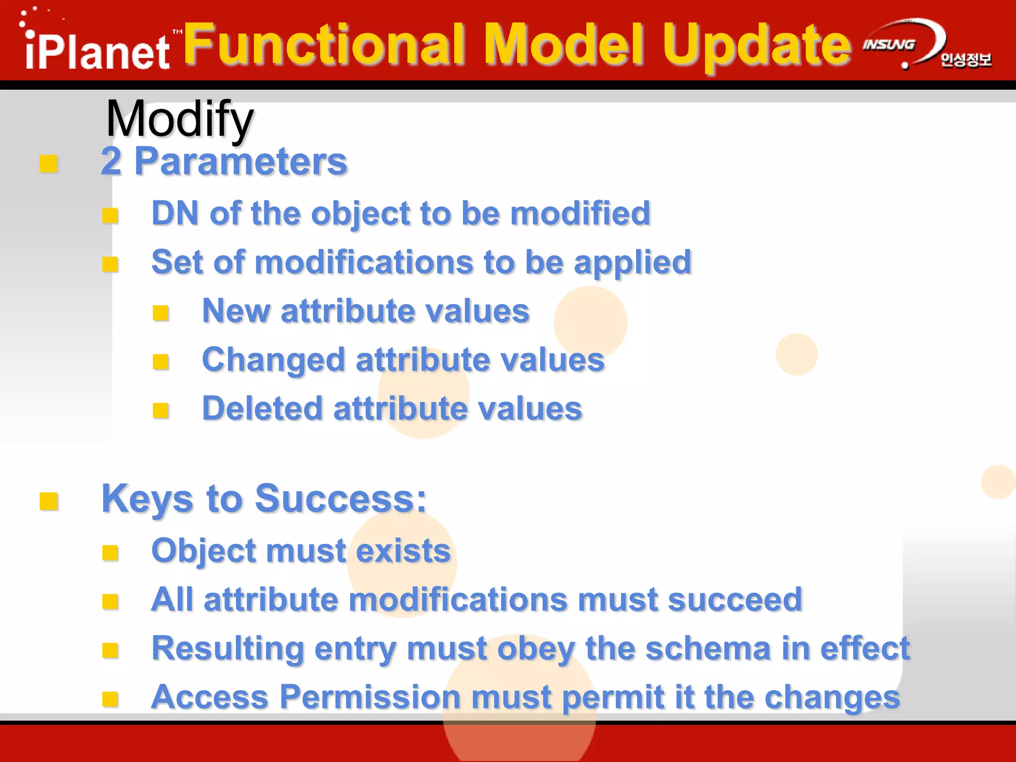 Modify
 2 Parameters
 DN of the object to be modified
 Set of modifications to be applied
 New attribute values
 Changed attribute values
 Deleted attribute values
 Keys to Success:
 Object must exists
 All attribute modifications must succeed
 Resulting entry must obey the schema in effect
 Access Permission must permit it the changes
Functional Model Update
 