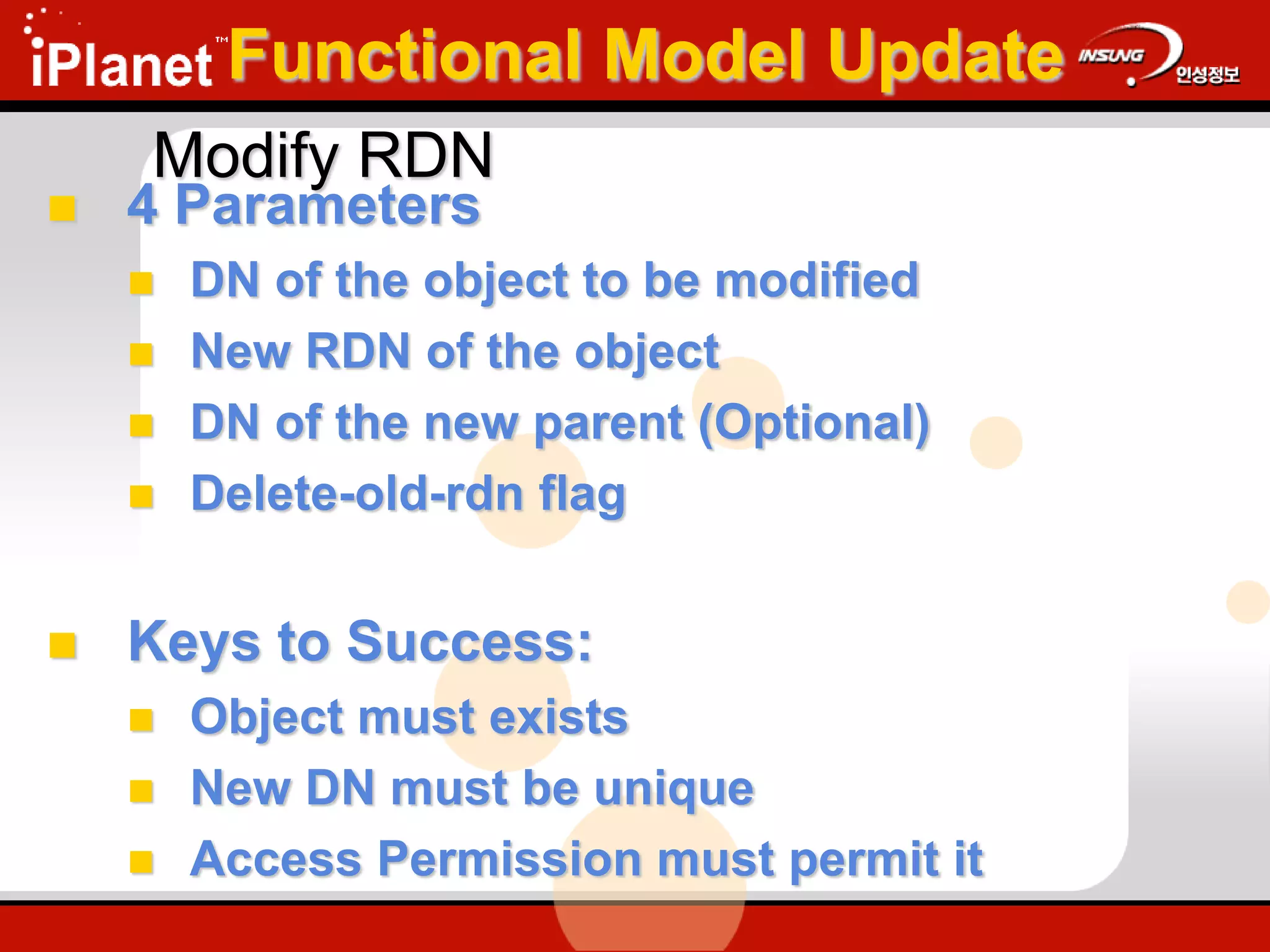 Modify RDN
 4 Parameters
 DN of the object to be modified
 New RDN of the object
 DN of the new parent (Optional)
 Delete-old-rdn flag
 Keys to Success:
 Object must exists
 New DN must be unique
 Access Permission must permit it
Functional Model Update
 