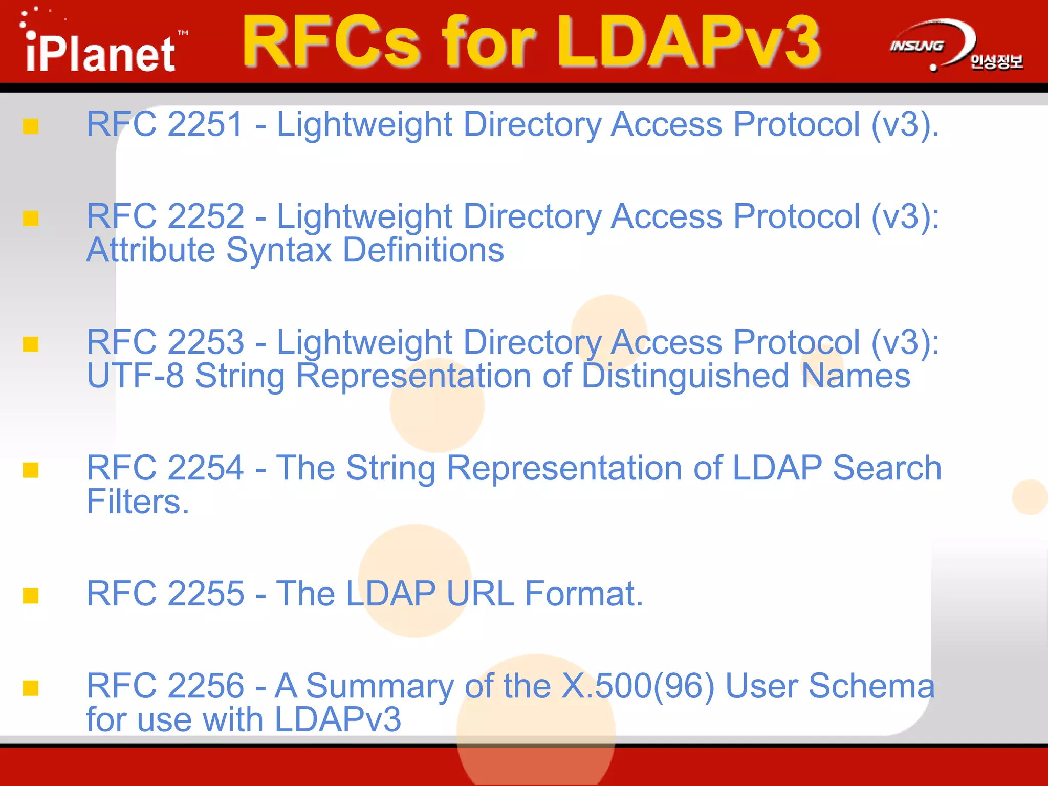 RFCs for LDAPv3
 RFC 2251 - Lightweight Directory Access Protocol (v3).
 RFC 2252 - Lightweight Directory Access Protocol (v3):
Attribute Syntax Definitions
 RFC 2253 - Lightweight Directory Access Protocol (v3):
UTF-8 String Representation of Distinguished Names
 RFC 2254 - The String Representation of LDAP Search
Filters.
 RFC 2255 - The LDAP URL Format.
 RFC 2256 - A Summary of the X.500(96) User Schema
for use with LDAPv3
 