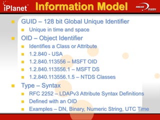Information Model
 GUID – 128 bit Global Unique Identifier
 Unique in time and space
 OID – Object Identifier
 Identifies a Class or Attribute
 1.2.840 - USA
 1.2.840.113556 – MSFT OID
 1.2.840.113556.1 – MSFT DS
 1.2.840.113556.1.5 – NTDS Classes
 Type – Syntax
 RFC 2252 – LDAPv3 Attribute Syntax Definitions
 Defined with an OID
 Examples – DN, Binary, Numeric String, UTC Time
 