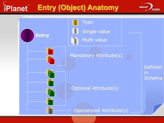 Entry (Object) Anatomy
Entry
Mandatory Attribute(s)
Optional Attribute(s)
Operational Attribute(s)
Defined
in
Schema
Multi value
Single value
Type
 