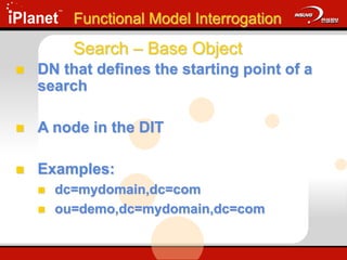Functional Model Interrogation
 DN that defines the starting point of a
search
 A node in the DIT
 Examples:
 dc=mydomain,dc=com
 ou=demo,dc=mydomain,dc=com
Search – Base Object
 