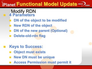 Modify RDN
 4 Parameters
 DN of the object to be modified
 New RDN of the object
 DN of the new parent (Optional)
 Delete-old-rdn flag
 Keys to Success:
 Object must exists
 New DN must be unique
 Access Permission must permit it
Functional Model Update
 
