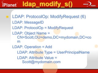 ldap_modify_s()
 LDAP: ProtocolOp: ModifyRequest (6)
LDAP: MessageID
LDAP: ProtocolOp = ModifyRequest
LDAP: Object Name =
CN=Scott,OU=demo,DC=mydomain,DC=co
m
LDAP: Operation = Add
LDAP: Attribute Type = UserPrincipalName
LDAP: Attribute Value =
Scott@mydomain.com
 
