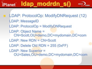 ldap_modrdn_s()
 LDAP: ProtocolOp: ModifyDNRequest (12)
LDAP: MessageID
LDAP: ProtocolOp = ModifyDNRequest
LDAP: Object Name =
CN=Scott,OU=demo,DC=mydomain,DC=com
LDAP: New RDN = CN=Scott
LDAP: Delete Old RDN = 255 (0xFF)
LDAP: New Superior =
OU=Sales,OU=demo,DC=mydomain,DC=com
 