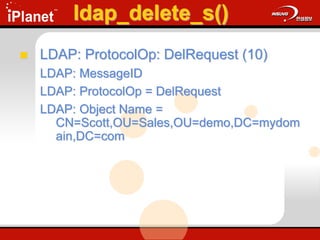 ldap_delete_s()
 LDAP: ProtocolOp: DelRequest (10)
LDAP: MessageID
LDAP: ProtocolOp = DelRequest
LDAP: Object Name =
CN=Scott,OU=Sales,OU=demo,DC=mydom
ain,DC=com
 