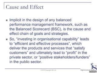 Cause and EffectImplicit in the design of any balanced performance management framework, such as the Balanced Scorecard (BSC), is the cause and effect chain of goals and strategies.  So, “investing in organisational capability” leads to “efficient and effective processes”, which deliver the products and services that “satisfy customers” and ultimately lead to “profit” in the private sector, or “positive stakeholders/funders” in the public sector.© 2010 Copyright ISC Ltd.