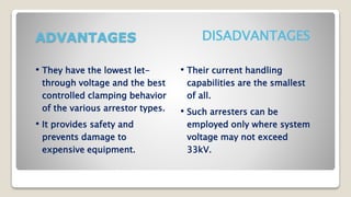 ADVANTAGES DISADVANTAGES
• They have the lowest let-
through voltage and the best
controlled clamping behavior
of the various arrestor types.
• It provides safety and
prevents damage to
expensive equipment.
• Their current handling
capabilities are the smallest
of all.
• Such arresters can be
employed only where system
voltage may not exceed
33kV.
 