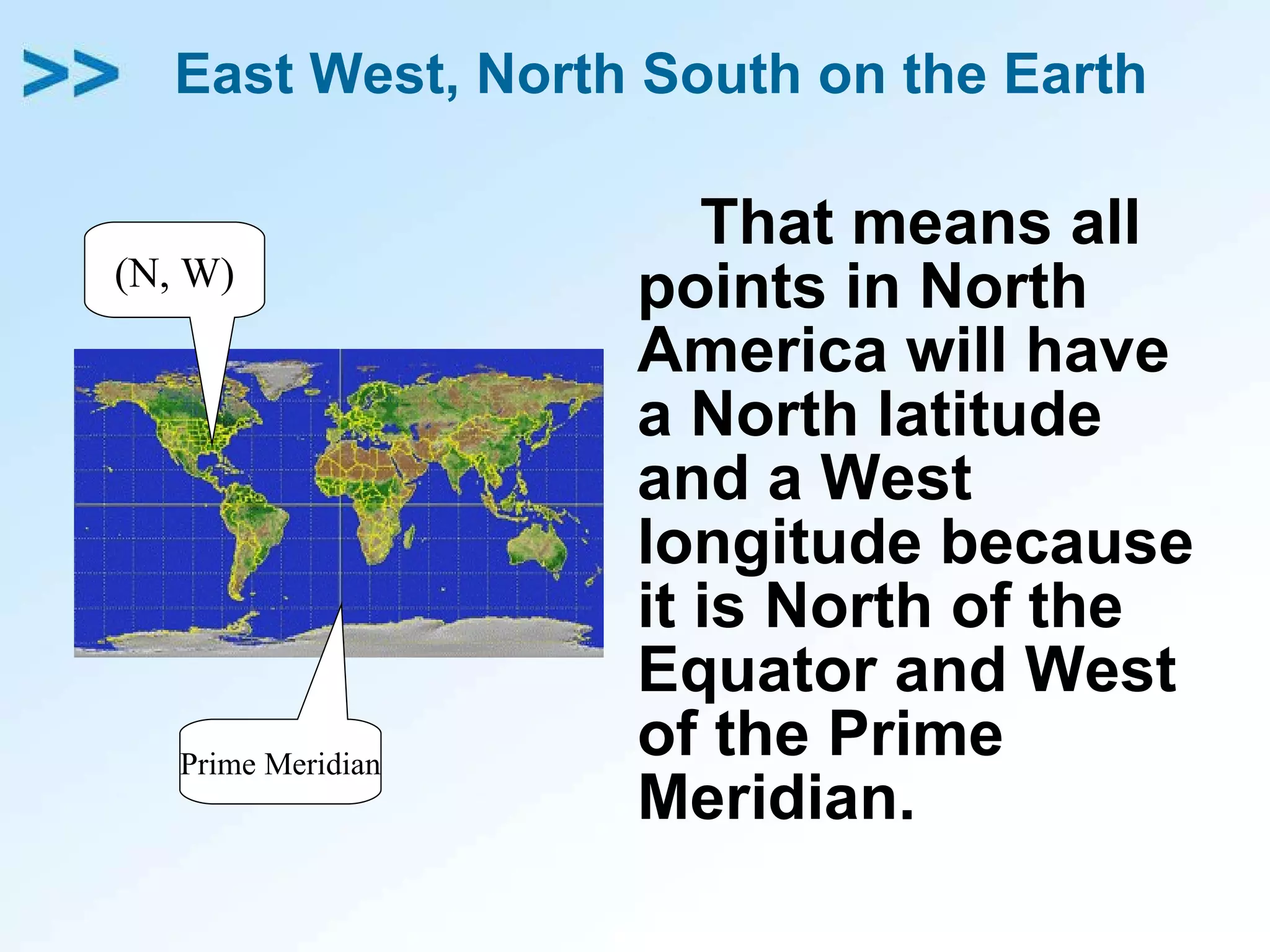 East West, North South on the Earth That means all points in North  America will have a North latitude and a West longitude because it is North of the Equator and West of the Prime Meridian. (N, W) Prime Meridian 
