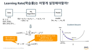 © 2020, Amazon Web Services, Inc. or its Affiliates.
Hyper Parameter
Learning Rate(학습률)는 어떻게 설정해야할까?
Data Model
ML
Algorithm
숫자
0, 1, 2,..
0.01, 0.02,..
001, 010, 011, ..
model
{w1, w2, …, wn, b}
f(x) = w1*x1 + w2*x2 + … + wn*xn + b
= W*x + b
Gradient Descent
알고 싶은 값
(Parameter)
모델 학습을 위해서 미리
알아야 하는 값
(Hyperparameter)
 