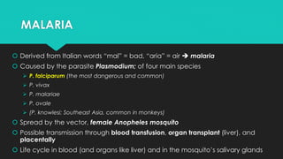 MALARIA
 Derived from Italian words “mal” = bad, “aria” = air ➔ malaria
 Caused by the parasite Plasmodium; of four main species
➢ P. falciparum (the most dangerous and common)
➢ P. vivax
➢ P. malariae
➢ P. ovale
➢ (P. knowlesi; Southeast Asia, common in monkeys)
 Spread by the vector, female Anopheles mosquito
 Possible transmission through blood transfusion, organ transplant (liver), and
placentally
 Life cycle in blood (and organs like liver) and in the mosquito’s salivary glands
 
