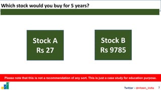 Twitter - @niteen_india
Which stock would you buy for 5 years?
7
Stock B
Rs 9785
Stock A
Rs 27
Please note that this is no...