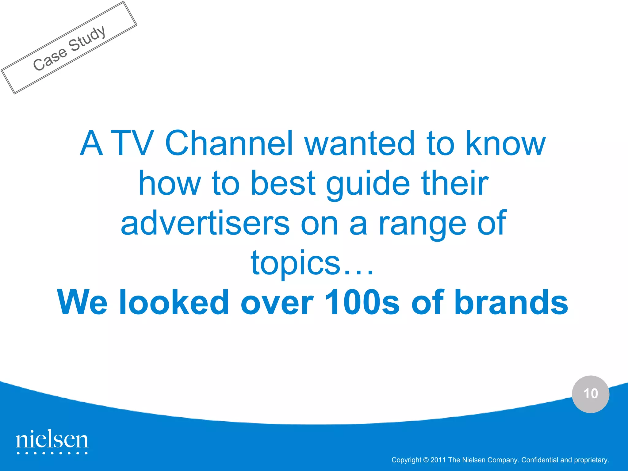 A TV Channel wanted to know
    how to best guide their
   advertisers on a range of
           topics…
We looked over 100s of brands

                                                                            10



                  Copyright © 2011 The Nielsen Company. Confidential and proprietary.
 