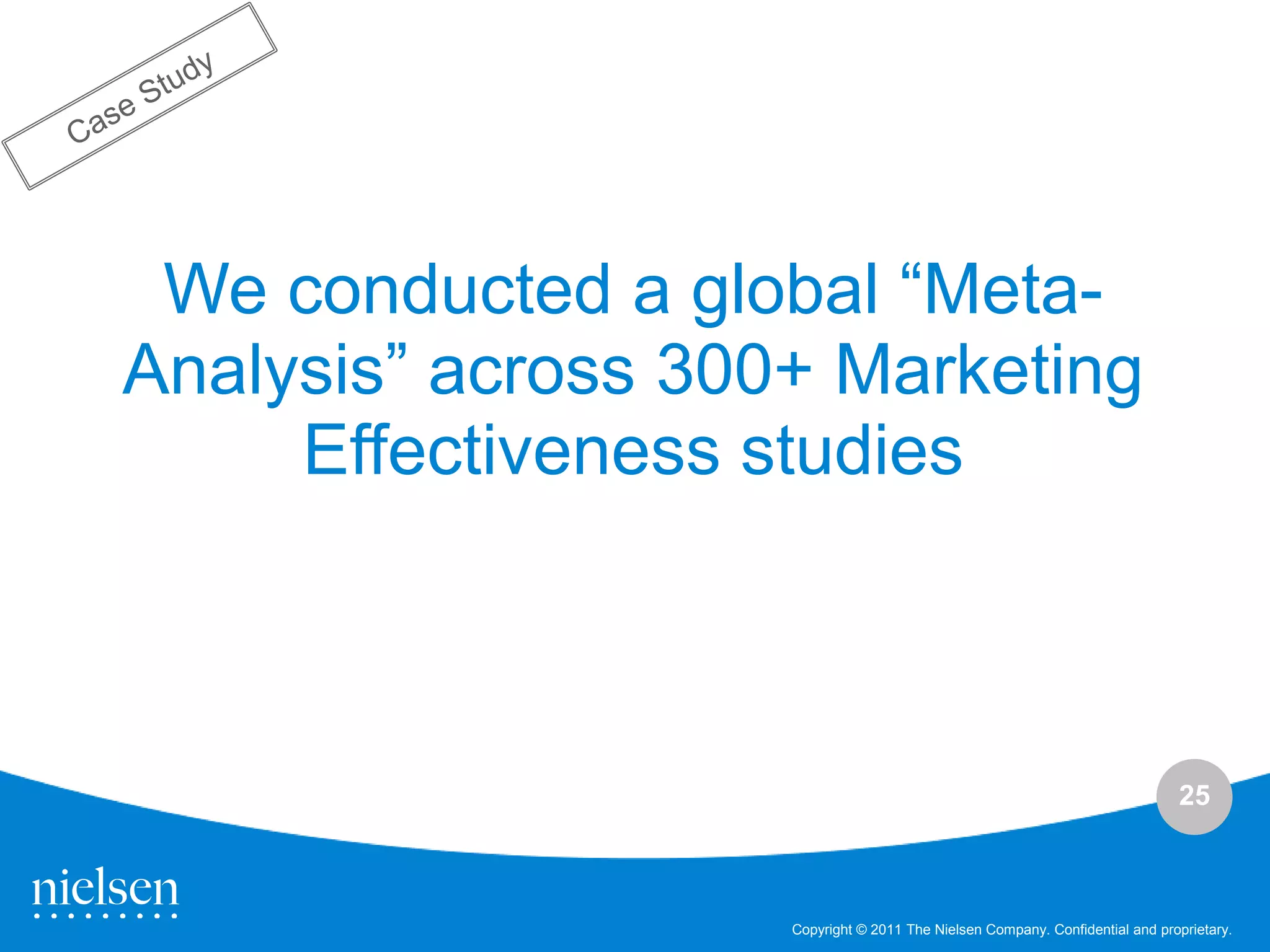 We conducted a global “Meta-
Analysis” across 300+ Marketing
     Effectiveness studies



                                                                              25



                    Copyright © 2011 The Nielsen Company. Confidential and proprietary.
 