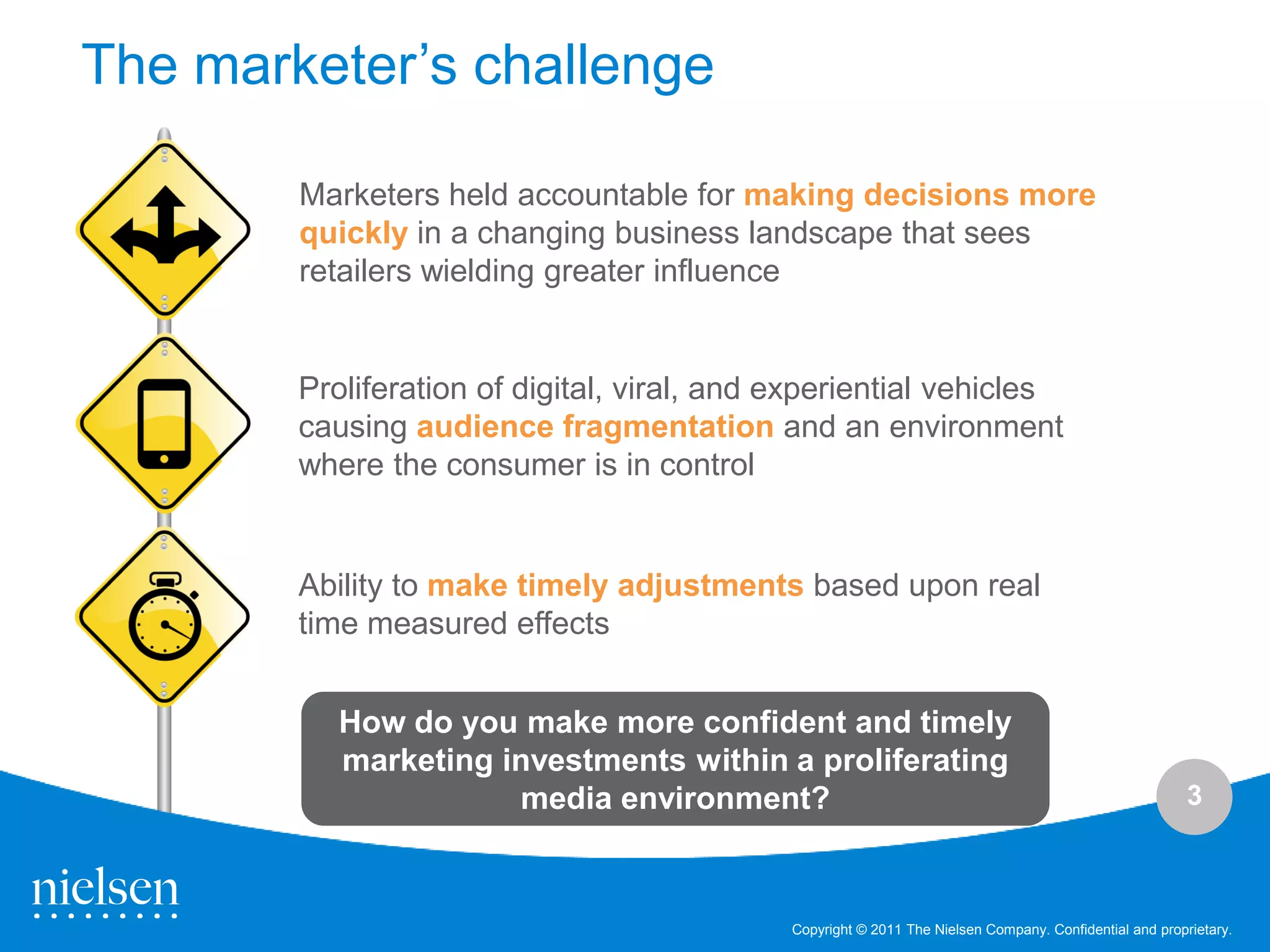 The marketer‟s challenge

        Marketers held accountable for making decisions more
        quickly in a changing business landscape that sees
        retailers wielding greater influence


        Proliferation of digital, viral, and experiential vehicles
        causing audience fragmentation and an environment
        where the consumer is in control


        Ability to make timely adjustments based upon real
        time measured effects


           How do you make more confident and timely
           marketing investments within a proliferating
                      media environment?                                                                 3



                                             Copyright © 2011 The Nielsen Company. Confidential and proprietary.
 