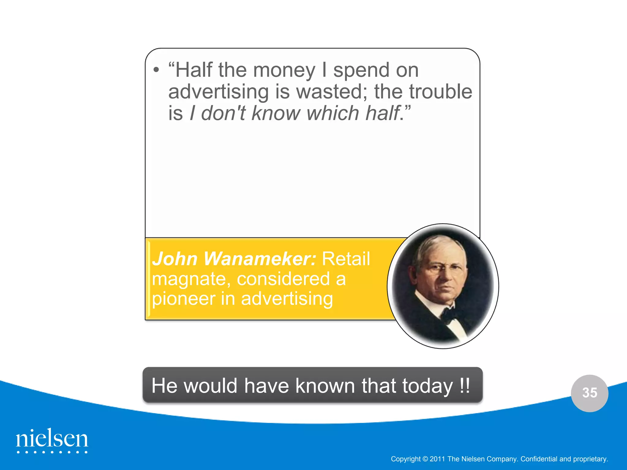 • “Half the money I spend on
  advertising is wasted; the trouble
  is I don't know which half.”




John Wanameker: Retail
magnate, considered a
pioneer in advertising



He would have known that today !!                                                   35



                          Copyright © 2011 The Nielsen Company. Confidential and proprietary.
 
