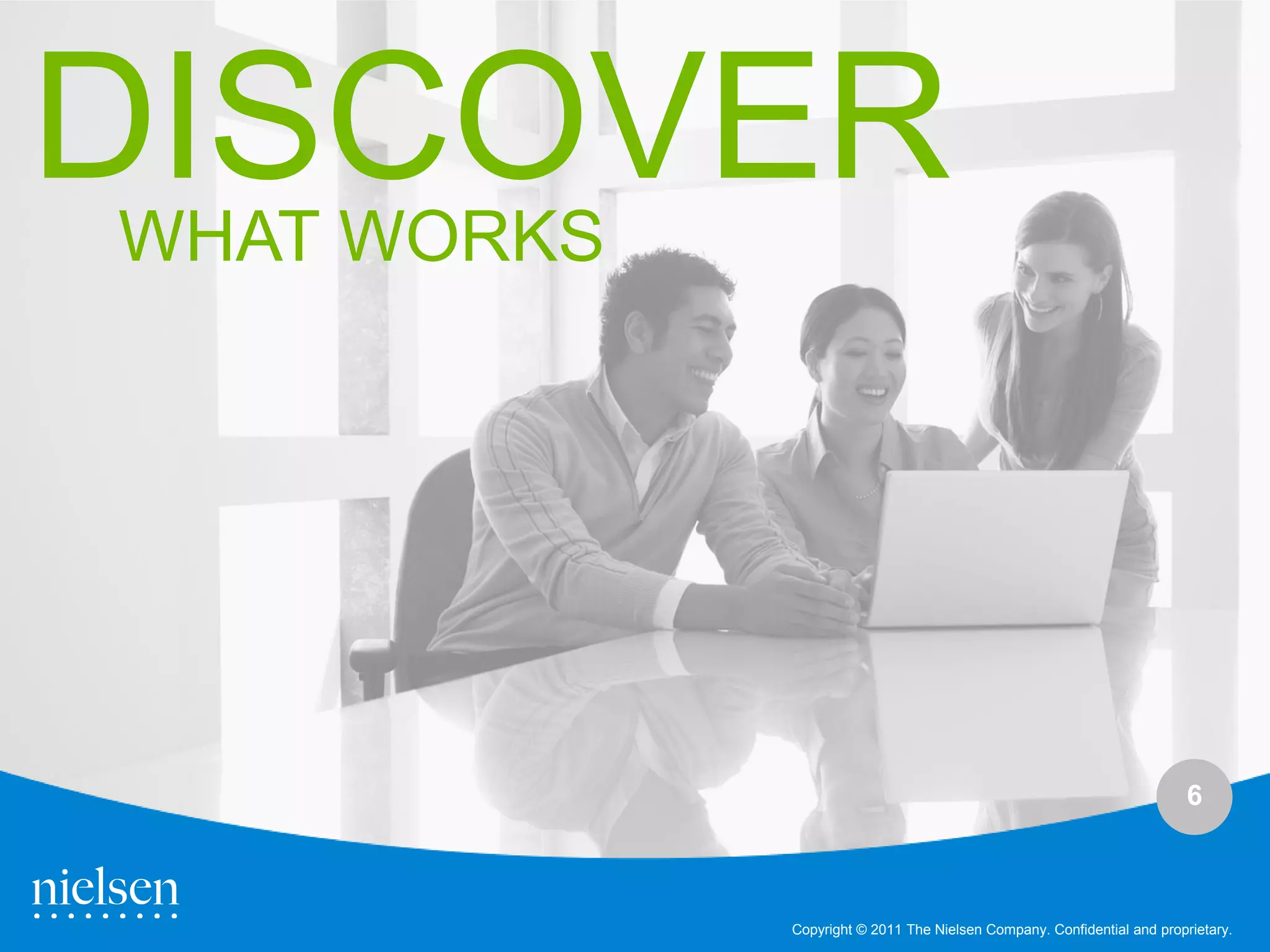 DISCOVER
WHAT WORKS




                                                                         6



             Copyright © 2011 The Nielsen Company. Confidential and proprietary.
 