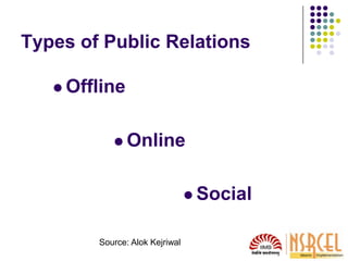 Types of Public Relations
 Offline
 Online
 Social
Source: Alok Kejriwal
 