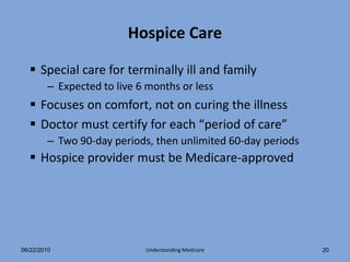 Hospice Care

   Special care for terminally ill and family
        – Expected to live 6 months or less
   Focuses on comfort, not on curing the illness
   Doctor must certify for each “period of care”
        – Two 90-day periods, then unlimited 60-day periods
   Hospice provider must be Medicare-approved




06/22/2010                  Understanding Medicare            20
 