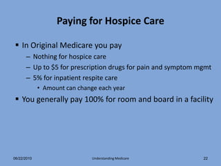 Paying for Hospice Care

 In Original Medicare you pay
      – Nothing for hospice care
      – Up to $5 for prescription drugs for pain and symptom mgmt
      – 5% for inpatient respite care
             • Amount can change each year
 You generally pay 100% for room and board in a facility




06/22/2010                     Understanding Medicare         22
 