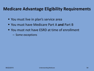 Medicare Advantage Eligibility Requirements

    You must live in plan’s service area
    You must have Medicare Part A and Part B
    You must not have ESRD at time of enrollment
         – Some exceptions




 06/22/2010                  Understanding Medicare   54
 