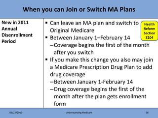 When you can Join or Switch MA Plans
New in 2011             Can leave an MA plan and switch to Health
Annual                   Original Medicare                     Reform
                                                               Section
Disenrollment
                        Between January 1–February 14          3204
Period
                         –Coverage begins the first of the month
                           after you switch
                        If you make this change you also may join
                         a Medicare Prescription Drug Plan to add
                         drug coverage
                         –Between January 1-February 14
                         –Drug coverage begins the first of the
                           month after the plan gets enrollment
                           form
   06/22/2010                  Understanding Medicare             58
 