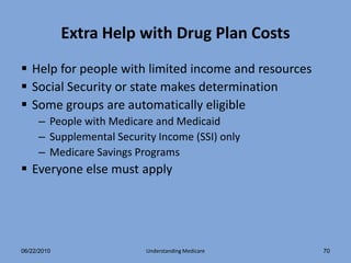 Extra Help with Drug Plan Costs
 Help for people with limited income and resources
 Social Security or state makes determination
 Some groups are automatically eligible
     – People with Medicare and Medicaid
     – Supplemental Security Income (SSI) only
     – Medicare Savings Programs
 Everyone else must apply




06/22/2010                Understanding Medicare      70
 