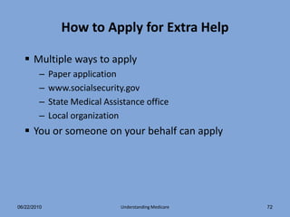 How to Apply for Extra Help

   Multiple ways to apply
        –    Paper application
        –    www.socialsecurity.gov
        –    State Medical Assistance office
        –    Local organization
   You or someone on your behalf can apply




06/22/2010                     Understanding Medicare   72
 
