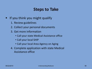 Steps to Take
 If you think you might qualify
      1. Review guidelines
      2. Collect your personal documents
      3. Get more information
             • Call your state Medical Assistance office
             • Call your local SHIP
             • Call your local Area Agency on Aging
      4. Complete application with state Medical
         Assistance office



06/22/2010                        Understanding Medicare   90
 