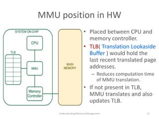 MMU position in HW
• Placed between CPU and
memory controller.
• TLB( Translation Lookaside
Buffer ) would hold the
last recent translated page
addresses.
– Reduces computation time
of MMU translation.
• If not present in TLB,
MMU translates and also
updates TLB.
Understanding Memory Management 11
 