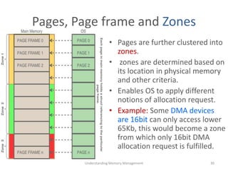 Pages, Page frame and Zones
• Pages are further clustered into
zones.
• zones are determined based on
its location in physical memory
and other criteria.
• Enables OS to apply different
notions of allocation request.
• Example: Some DMA devices
are 16bit can only access lower
65Kb, this would become a zone
from which only 16bit DMA
allocation request is fulfilled.
Understanding Memory Management 30
 